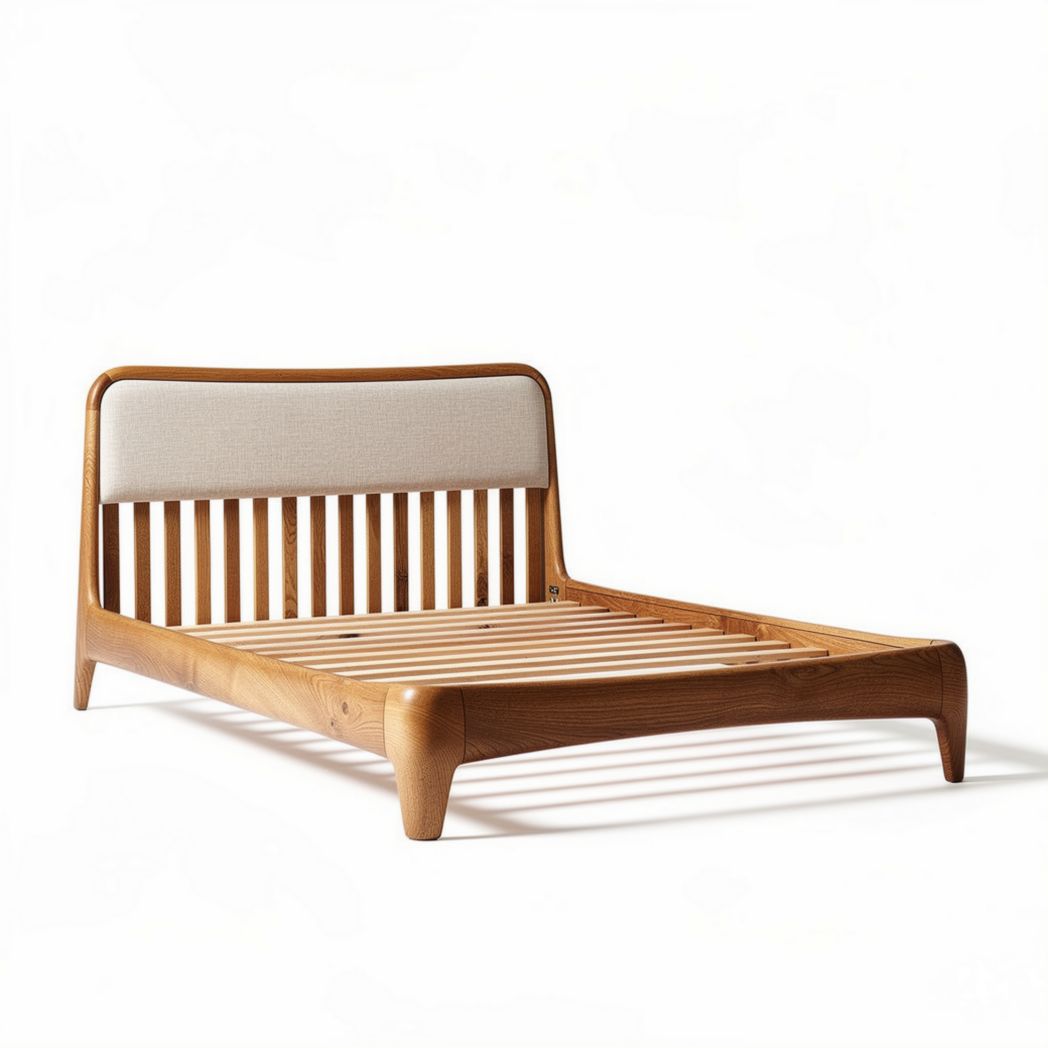 Wooden bed frame with upholstered headboard in natural finish 190 x 100 x 30cm