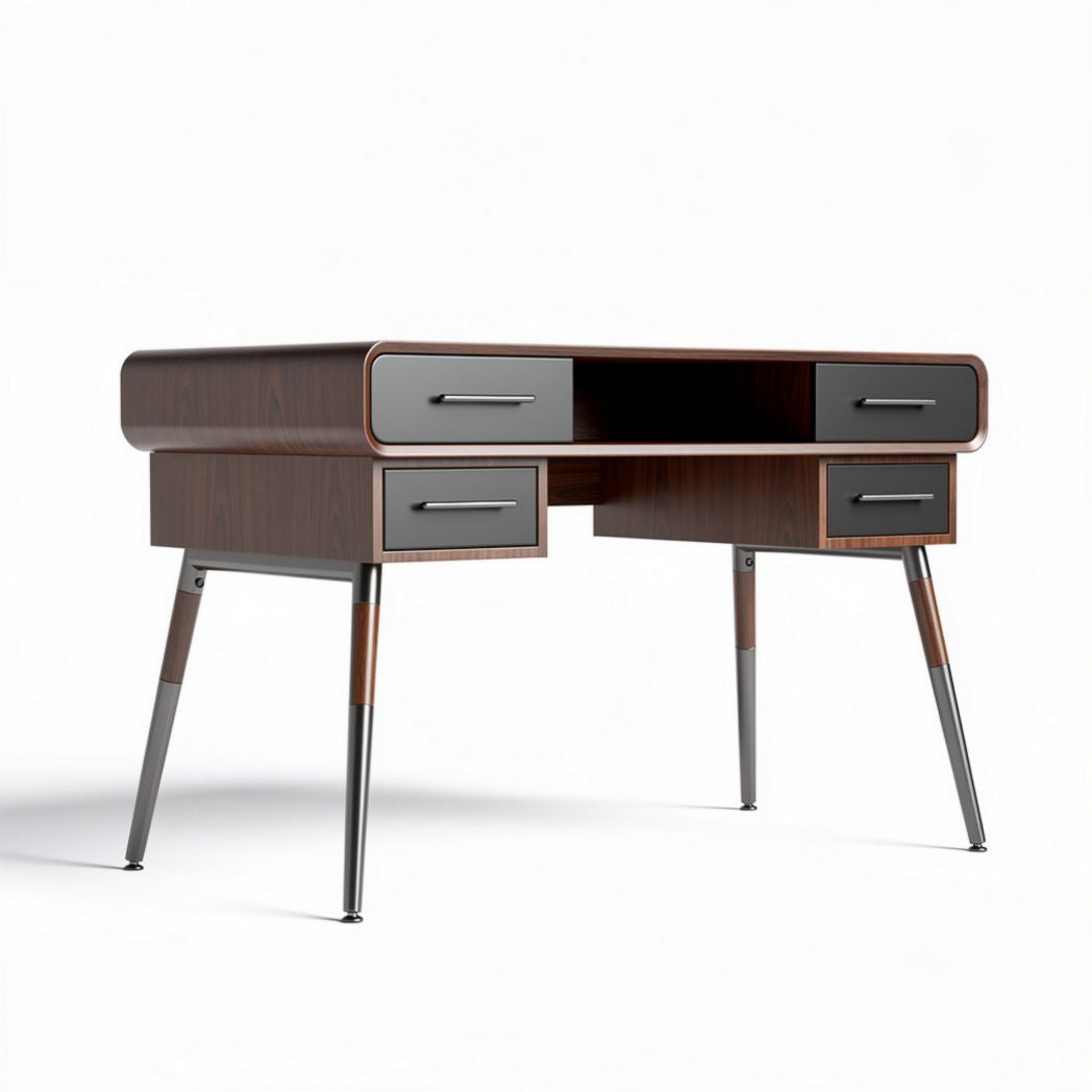 Mid-century modern wooden desk with two drawers and metal legs 120 x 60 x 75cm