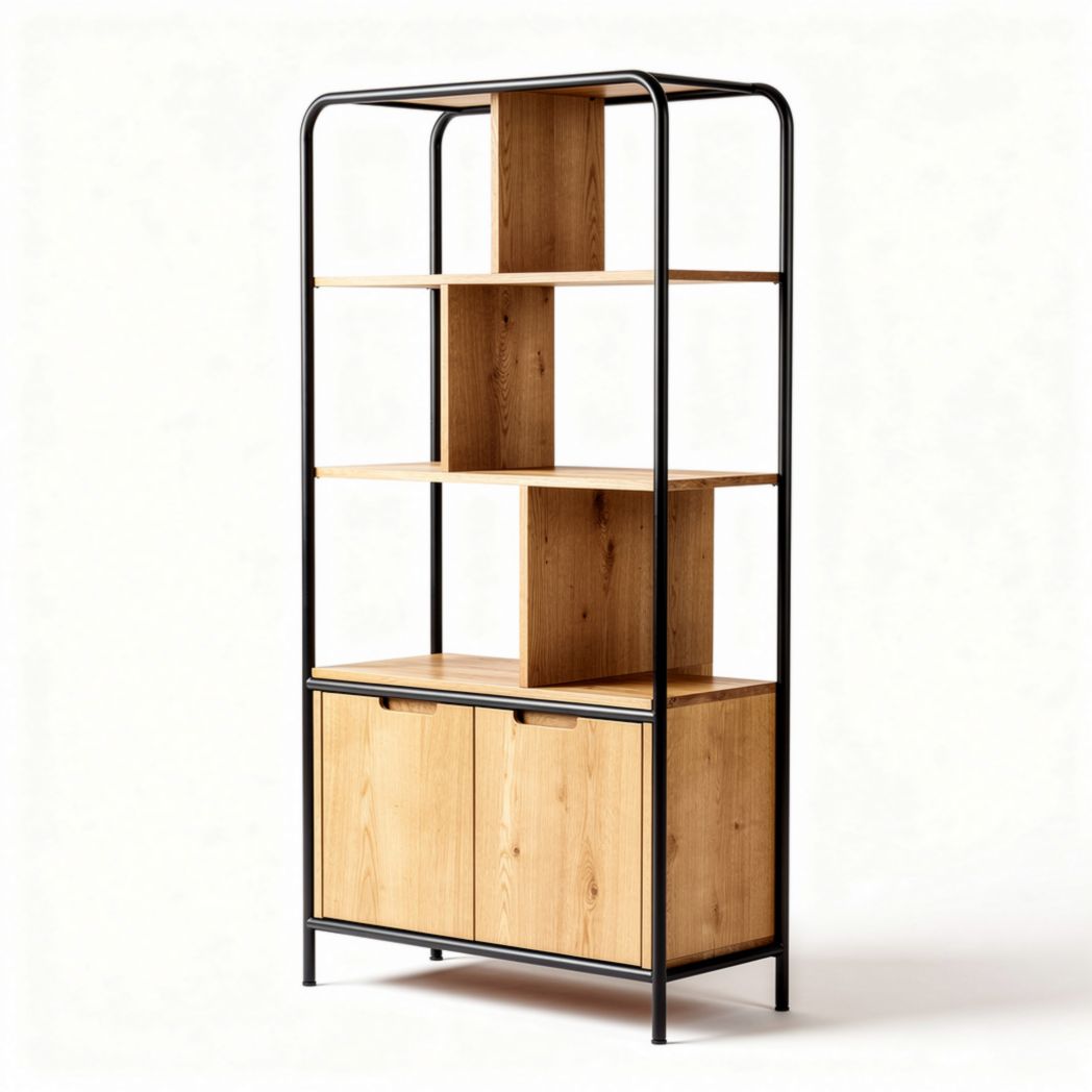 Wood and metal shelving unit with storage cabinets 180 x 80 x 30cm