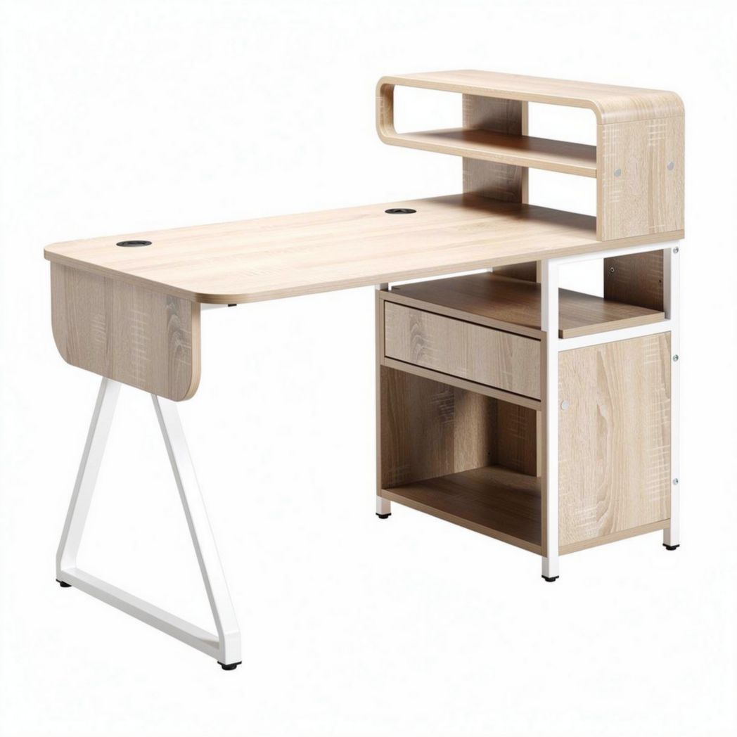 Wooden desk with storage shelves and metal frame 140 x 60 x 75cm