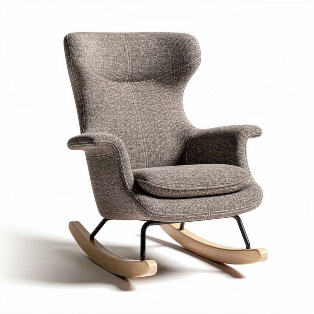 Rocking chair with fabric upholstery and wooden base for living room use