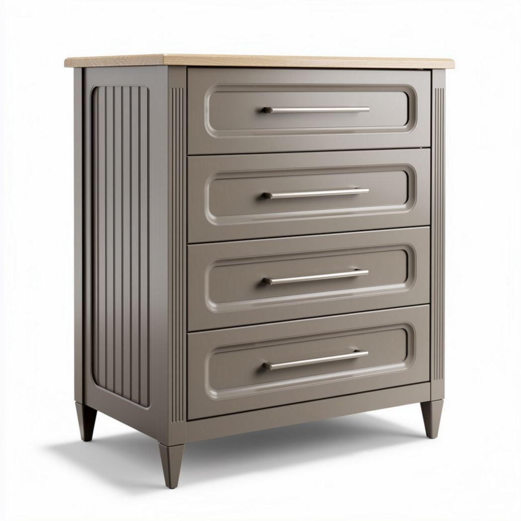 Modern four-drawer storage chest with wooden top and gray finish 80 x 40 x 90cm