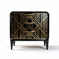 Art deco style black and gold geometric dresser with three drawers
