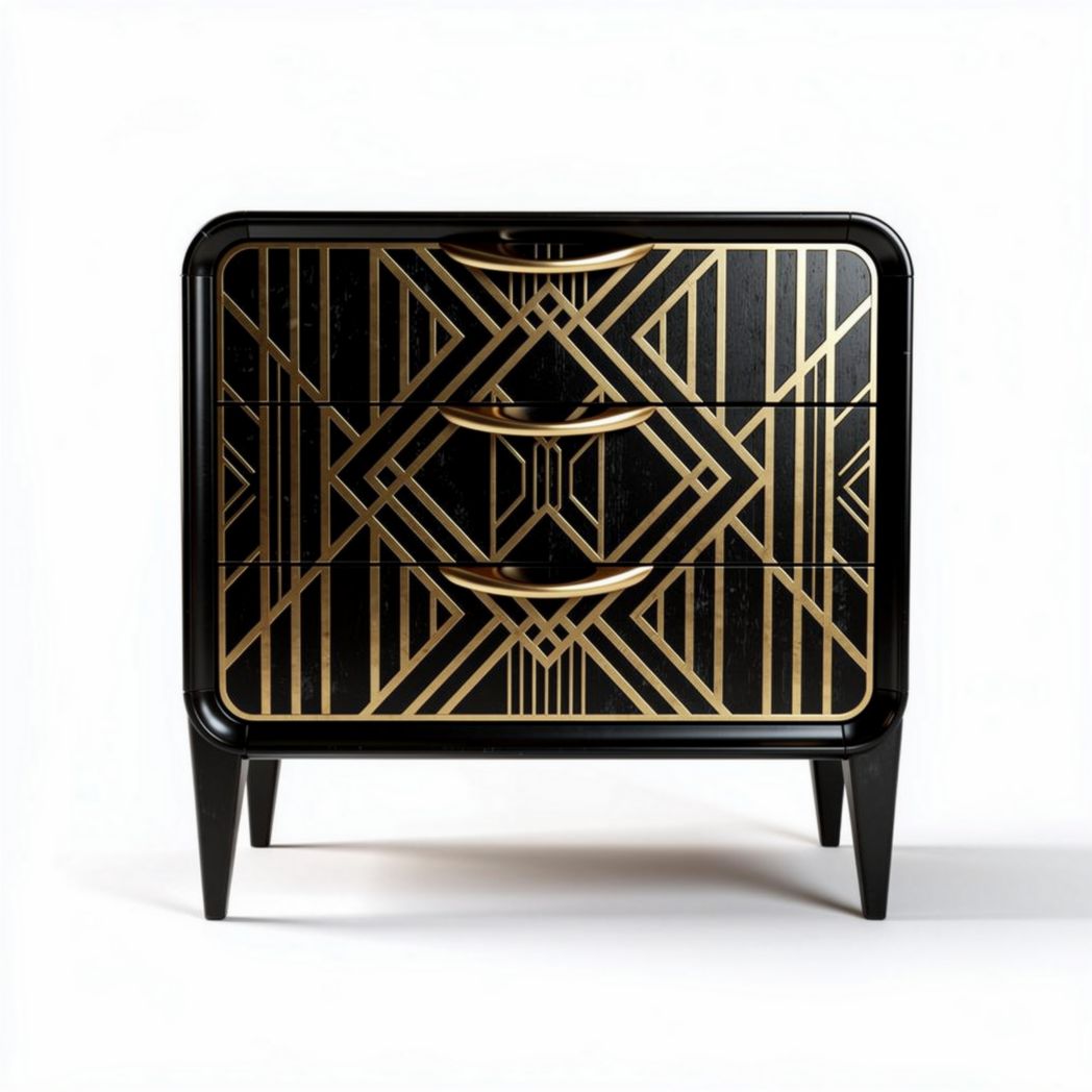 Art deco style black and gold geometric dresser with three drawers