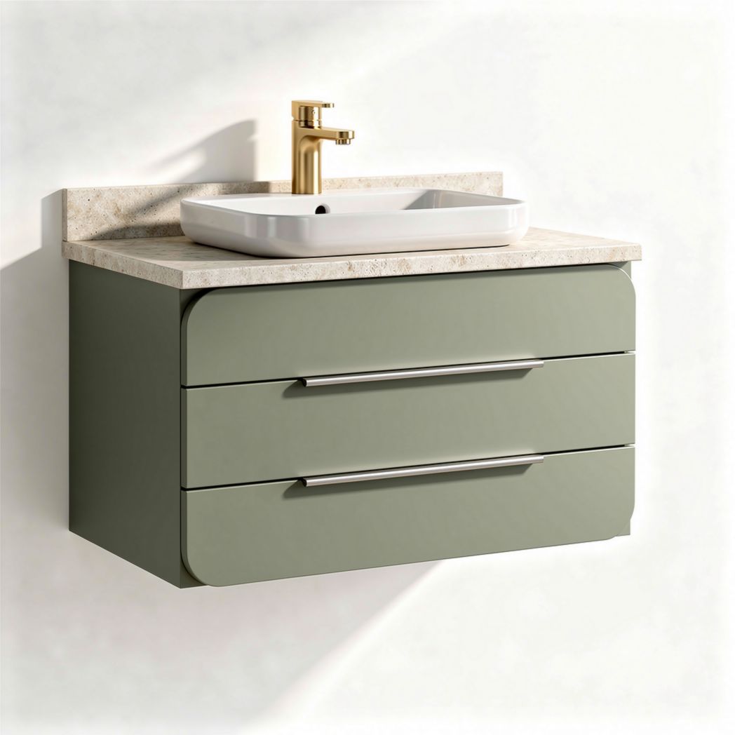 Wall-mounted bathroom vanity with two drawers in green finish and stone countertop 80 x 50 x 45cm