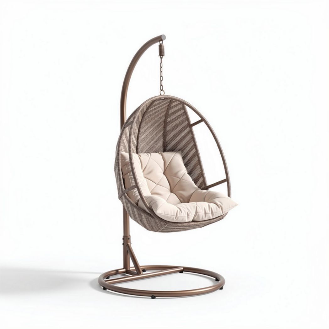 Hanging chair with cushion in brown rattan and steel frame for indoor or outdoor use