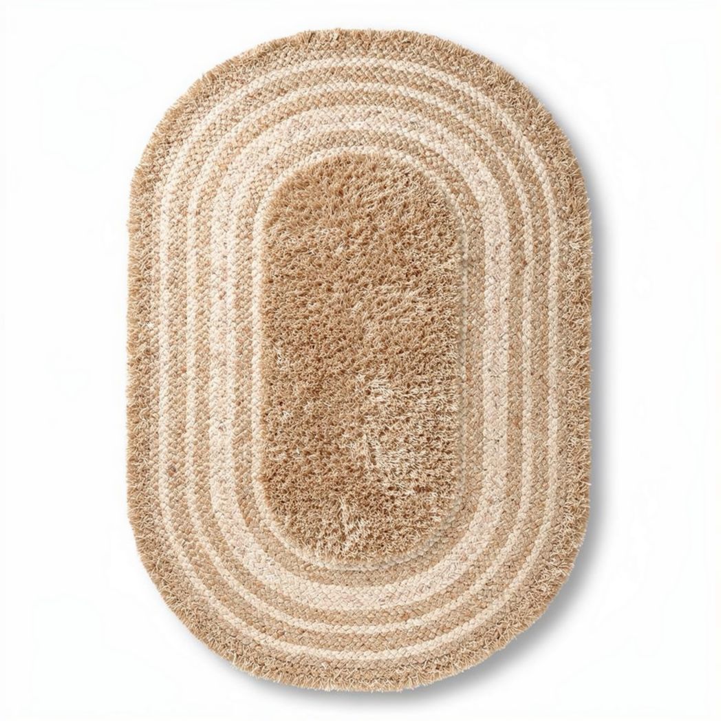 Natural jute oval area rug with striped design suitable for indoor use 80 x 60 x 1cm
