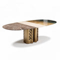 Marble and metal dining table with oval top and geometric base 240 x 100 x 75cm