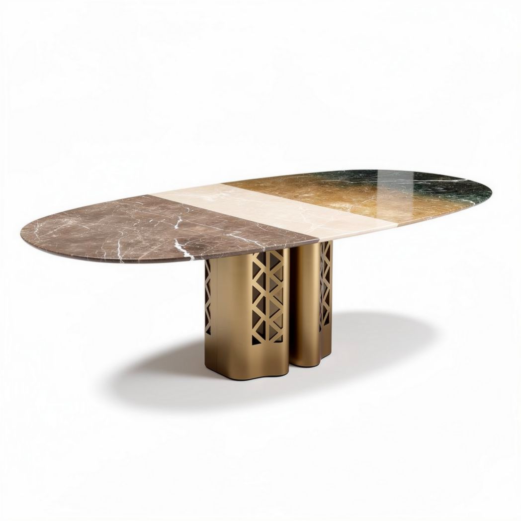 Marble and metal dining table with oval top and geometric base 240 x 100 x 75cm